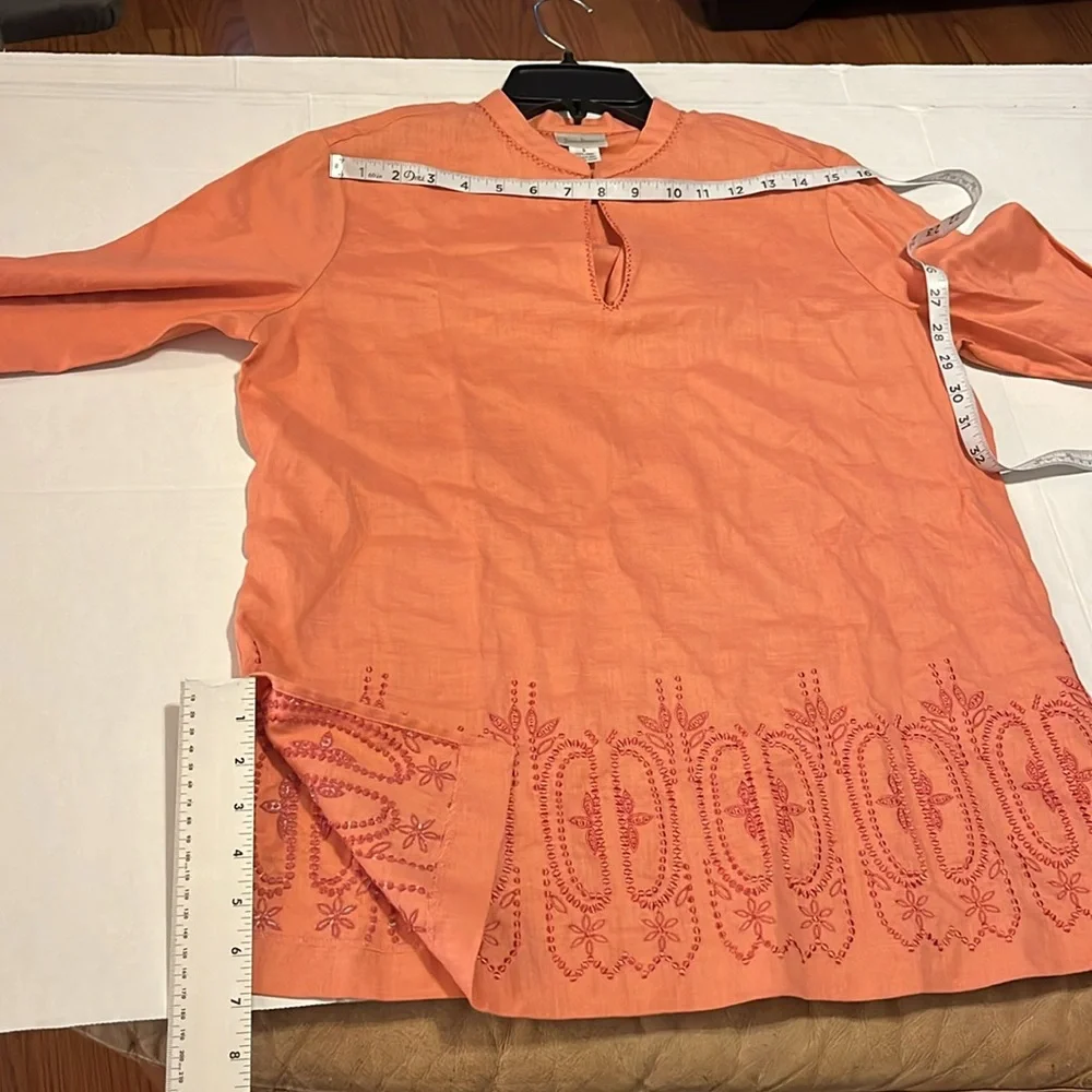Neiman Marcus-S-Elegant Coral Skirt & long sleeve keyhole 100% linen tunic top.